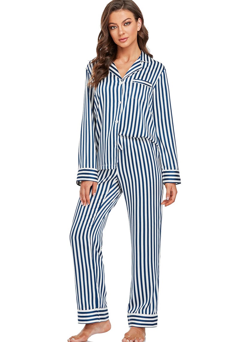 Serenedelicacy Women's Satin Pajama Set Long Sleeve Button Down Sleepwear 2-Piece Silky Pj Set (Large, Navy/Ivory, Stripe) - Image 1